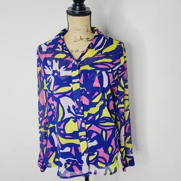 Liz Claiborne Tops - Neon Colorful Geometric Liz Claiborne Blouse Medium Career Semi Sheer
